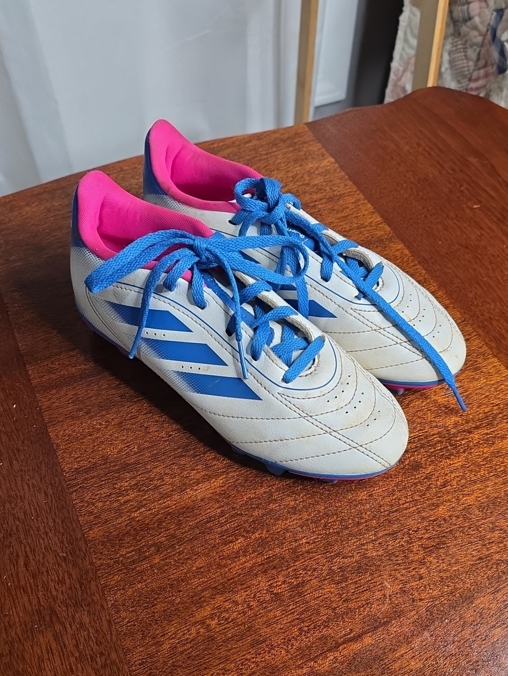 adidas Kids White & Blue Soccer Sneakers with Pink Lining